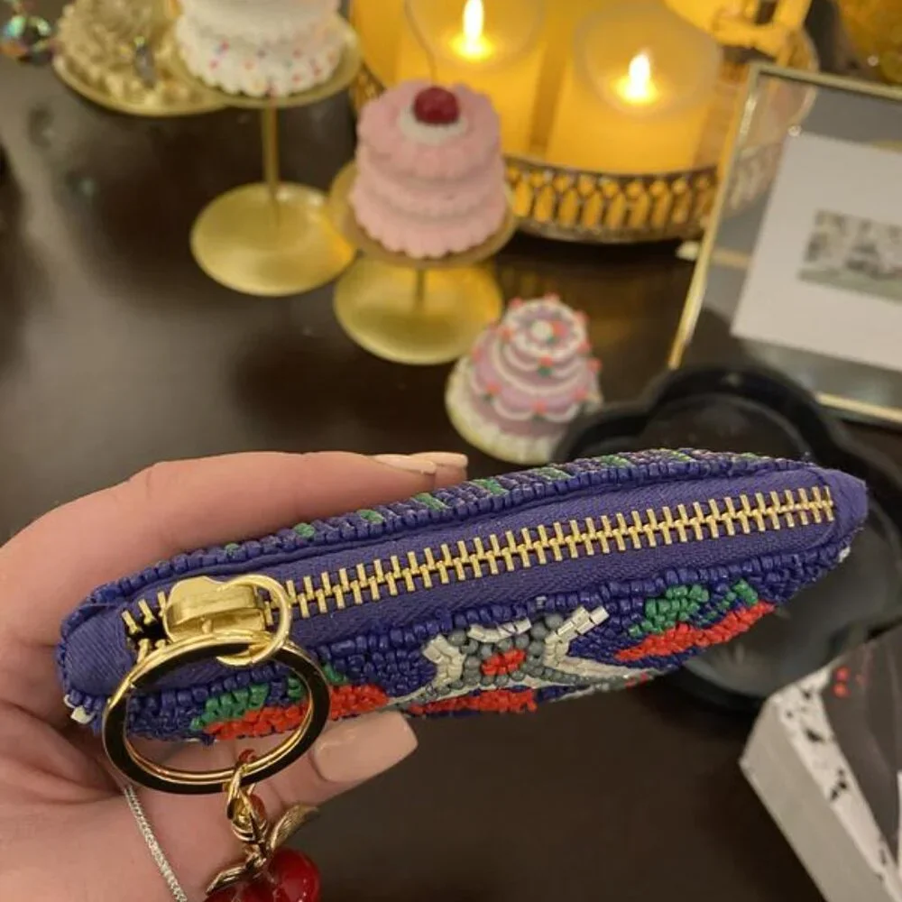 Anthropologie CHERRIES Beaded Coin Purse: Lucky Icons Edition blue red Gift Card